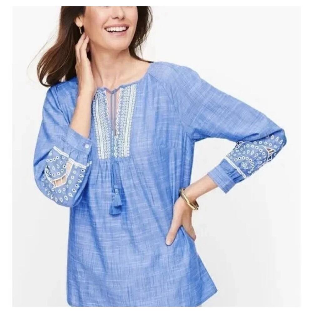 Talbots Embroidered Tassel Tie Top Women's Petite Small Blue Eyelet Peasant Boho